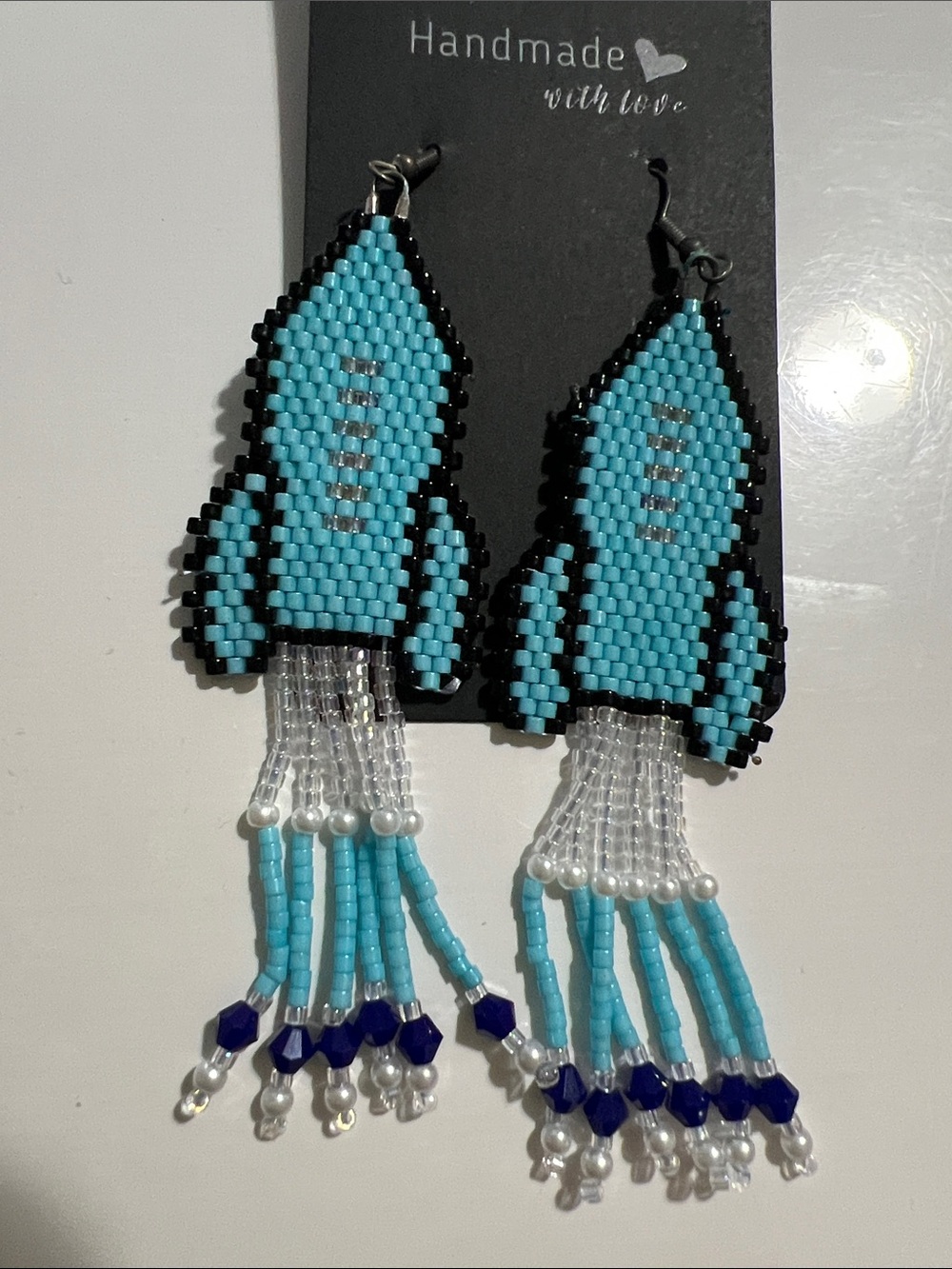 Handmade Turquoise and Black Beaded Rocket Fringe Earrings